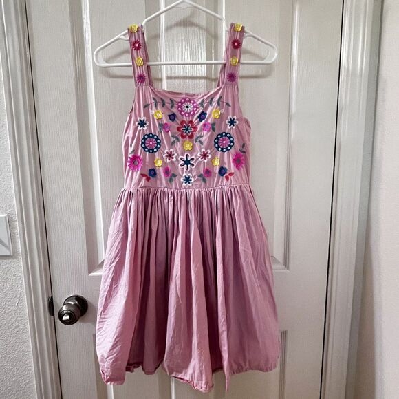Mini Boden Blush Pink Bright Floral Embroidered Dress Pockets Girls Size 11-12 - Picture 1 of 11